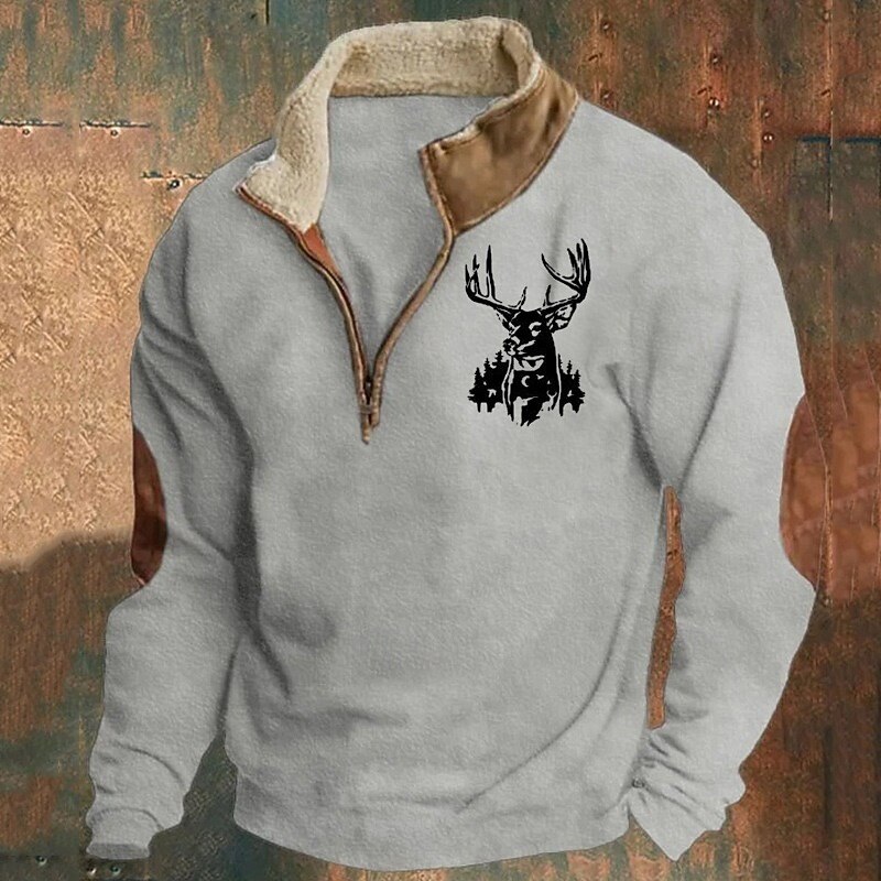 Men's Sweatshirt Quarter Zip Sweatshirt Black Brown Gray Half Zip Color Block Reindeer Patchwork Sports & Outdoor Daily Holiday Polyester Vintage Basic Casual Fall & Winter Clothing Apparel Hoodies3
