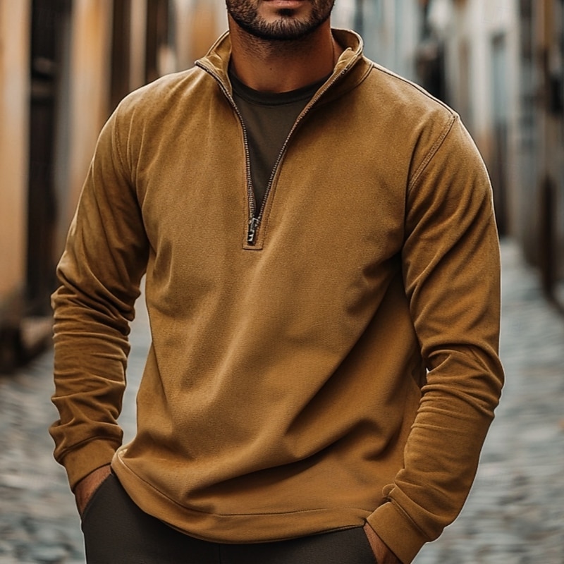 Men's Faux Suede Zipper Tee Top Long Sleeve Shirt Patchwork Stand Collar Outdoor Street Long Sleeve Zipper Clothing Apparel Daily Casual Street Style