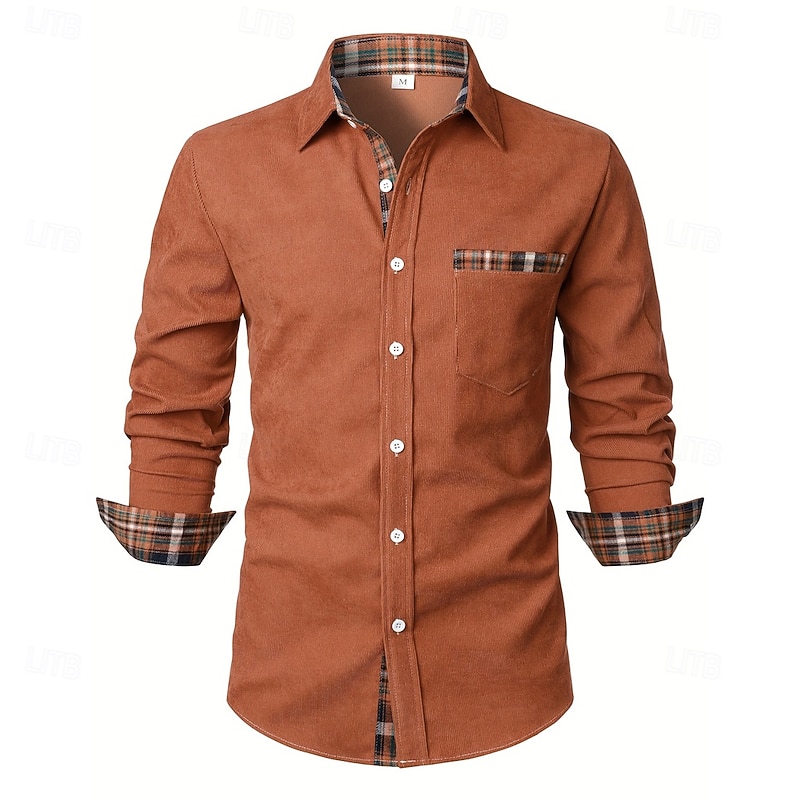 Men's Shirt Corduroy Shirt Overshirt Plaid Outdoor Street Black Navy Blue Brown Green Long Sleeve Collar Winter Spring &  Fall Clothing Apparel