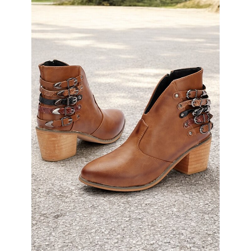 Women's Brown Ankle Boots with Multi-Buckle Detail, Block Heel, and Western Style - Perfect for Casual Outings and Everyday Wear3