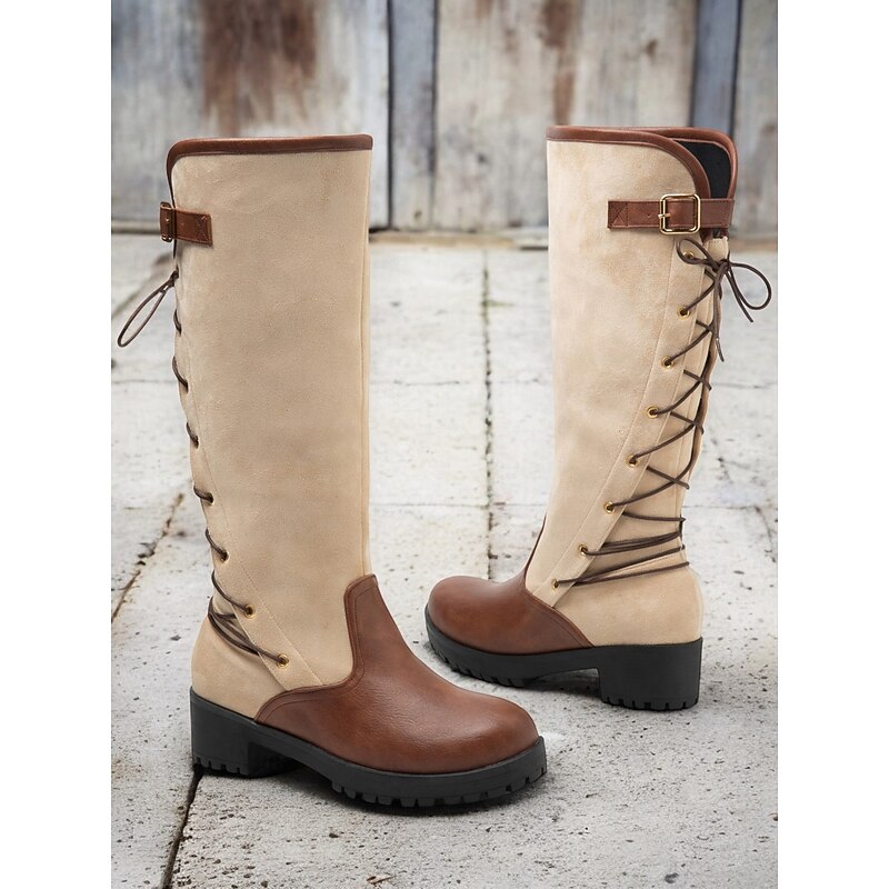 Women's Equestrian Riding Boots – Brown and Beige Faux Leather Knee-High Boots with Lace-Up Back, Ideal for Horseback Riding, Outdoor Fall Adventures, and Country Style Outfits2