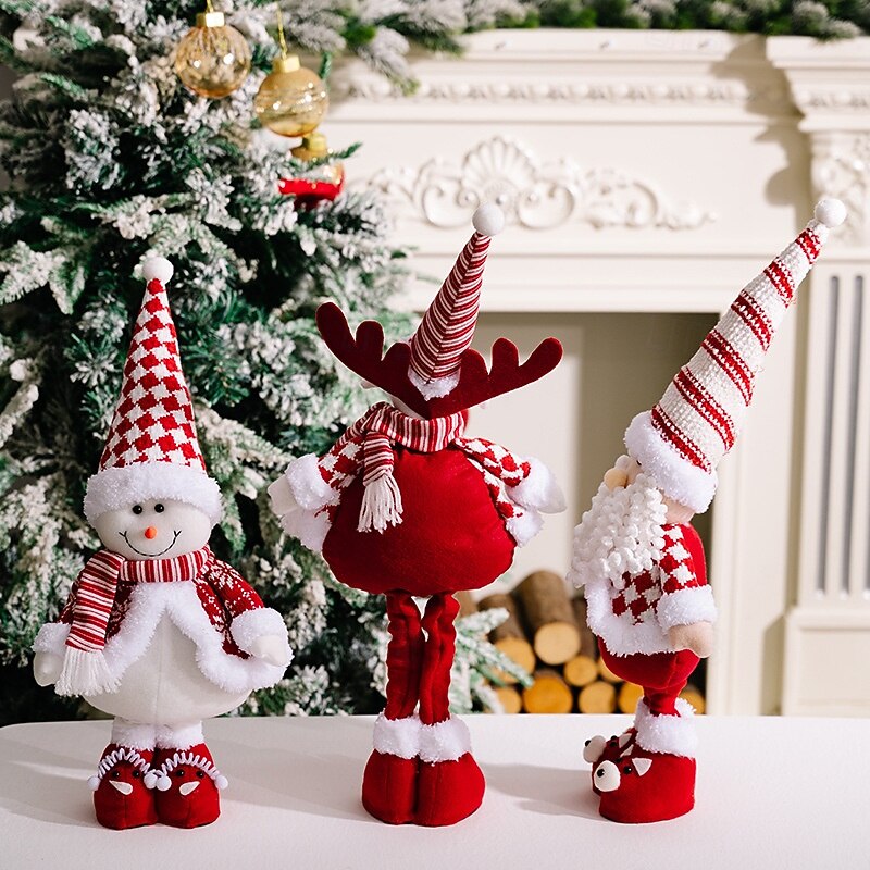 Christmas Plush Figurines, Red and White Striped Santa Claus, Snowman, and Reindeer Stretchable Dolls, Xmas Holiday Decorations for Festive Display4