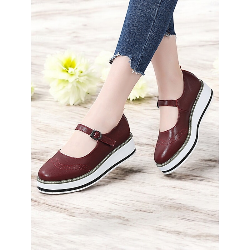 Women's Red Mary Jane Platform Shoes with Brogue Detailing and Buckle Strap – Vintage Style Casual Footwear for Daily Wear 5