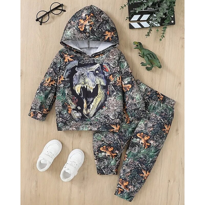 Boys 3D Graphic Dinosaur Sports Suit Hoodie Set Tracksuits Long Sleeve Spring Fall Daily Casual Tights Kids 4-12 Years Hooded Outdoor Vacation Sports Tailored Fit