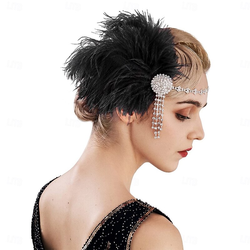 Vintage 1920s Black Feather Headband – Rhinestone and Crystal Gatsby Flapper Headpiece for Special Occasions, Costume Parties, or Weddings