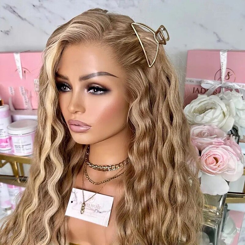 Unprocessed Virgin Hair 13x4 Lace Front Wig Middle Part Brazilian Hair Wavy Blonde Multi-color Wig 130% 150% Density Smooth Highlighted / Balayage Hair Natural Hairline For Women Long Human Hair Lace3