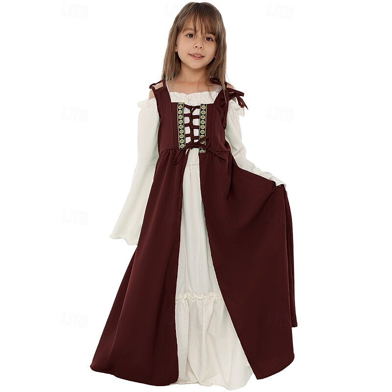 Retro Vintage Medieval Renaissance Dress Chemise OverDress Viking Irish Elven Fancy Dress Girls' Celtic Halloween Carnival Mardi Gras Performance Party LARP Kid's Dress