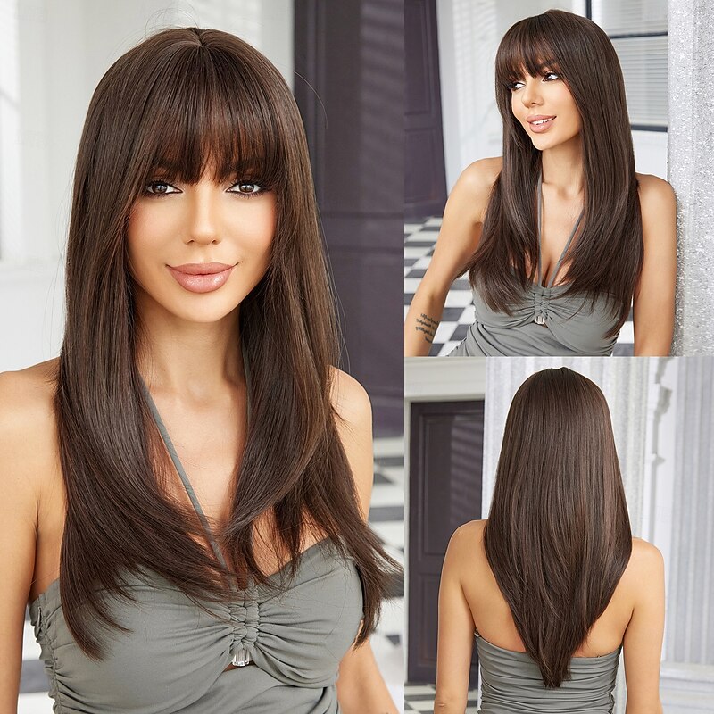 Synthetic Wig Uniforms Career Costumes Princess Straight kinky Straight Middle Part Layered Haircut With Bangs Machine Made Wig 22 inch Black / Brown Synthetic Hair Women's Cosplay Party Fashion Black