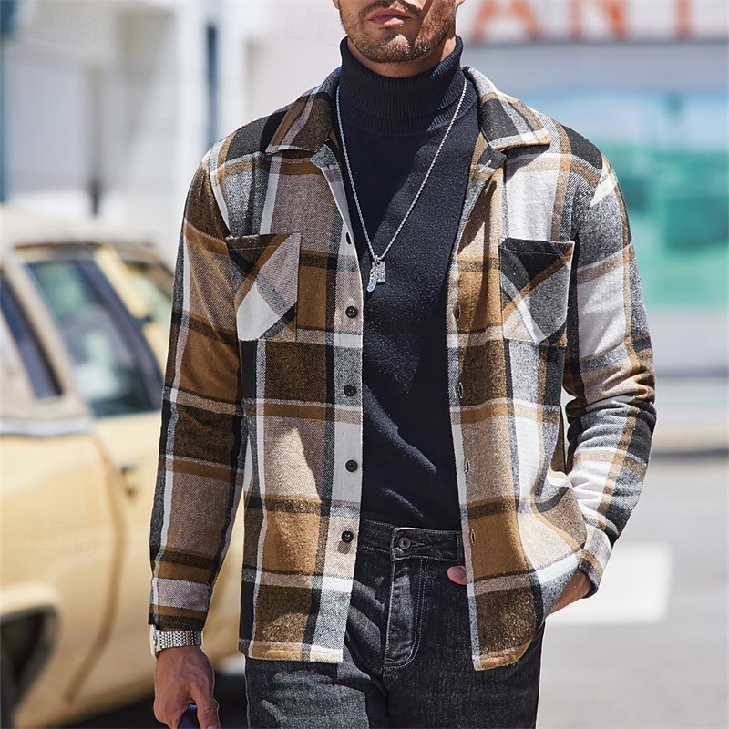 Men's Shirt Flannel Shirt Overshirt Plaid Outdoor Street Black Red Orange Brown Long Sleeve Winter Spring &  Fall Clothing Apparel4