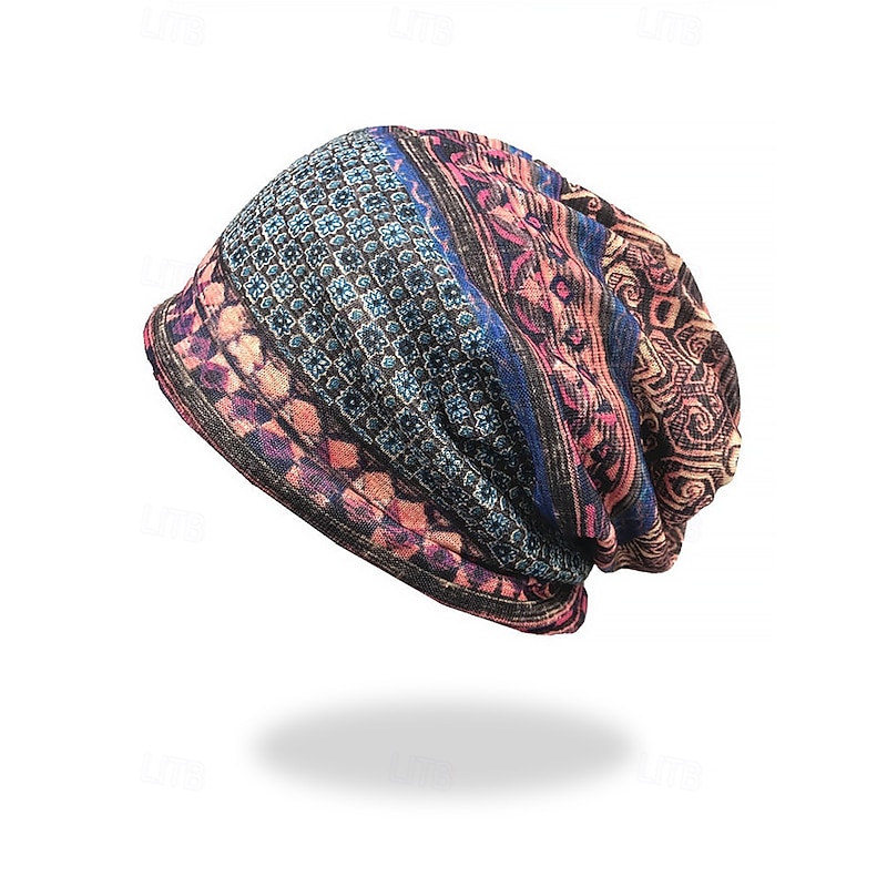 Bohemian-Style Slouchy Beanie for Women – Colorful Geometric Patterned Hat, Perfect for Casual Wear and Fall Fashion