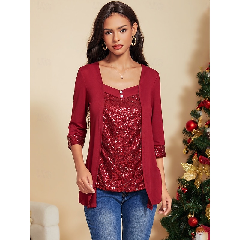 Women's  Tunic Blouse  Solid Color Daily Casual Long Sleeve V Neck Red Spring Fall4