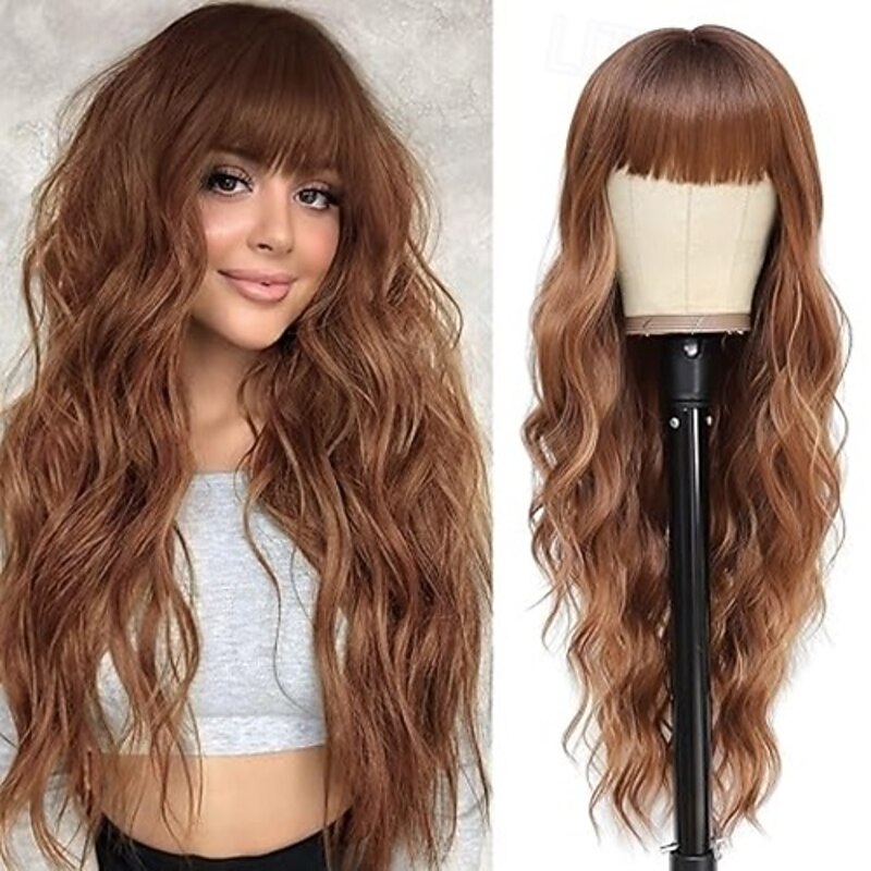Long  Wigs with Bangs for Women Curly Wavy Hair Wigs Heat Resistant Synthetic Fiber Wigs for Daily Party Use
