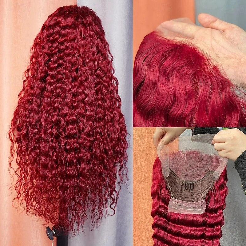 Remy Human Hair 5x5 Closure 13x6 Lace Front Wig Side Part Middle Part Free Part Brazilian Hair Deep Wave Burgundy Wig 130% 150% 180% Density with Baby Hair Natural Hairline Pre-Plucked For Women wigs4
