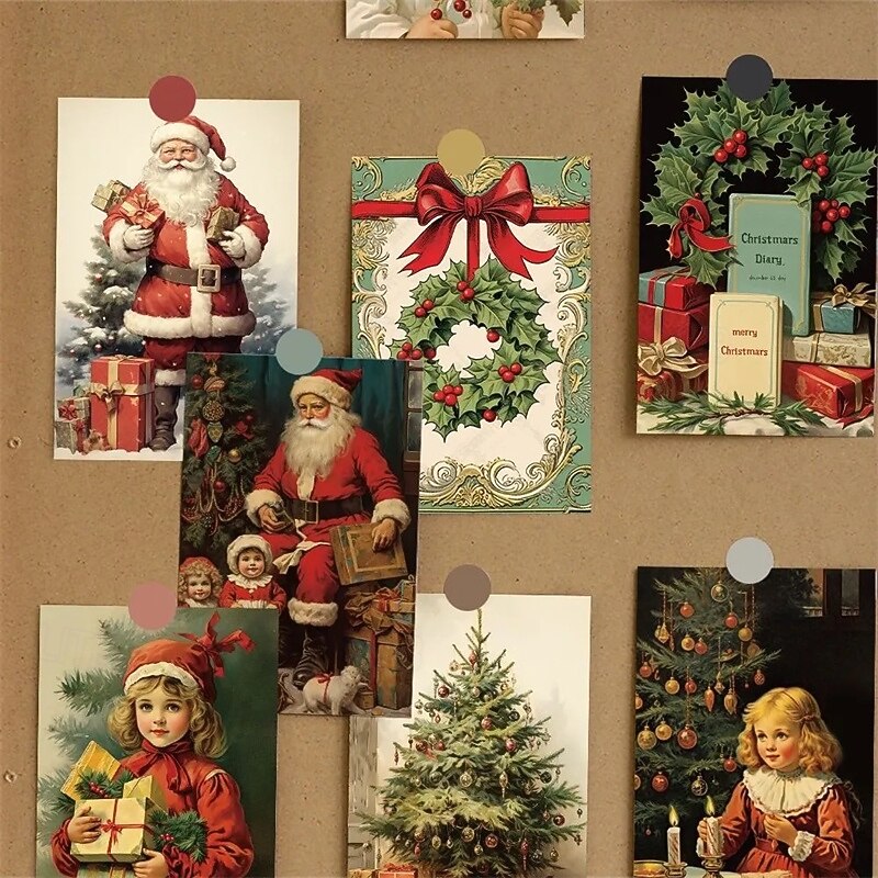 10 pcs Christmas Card Retro Style Postcard Santa Claus Girl Interior Decoration Atmosphere Background Props Holiday Card - Main Image