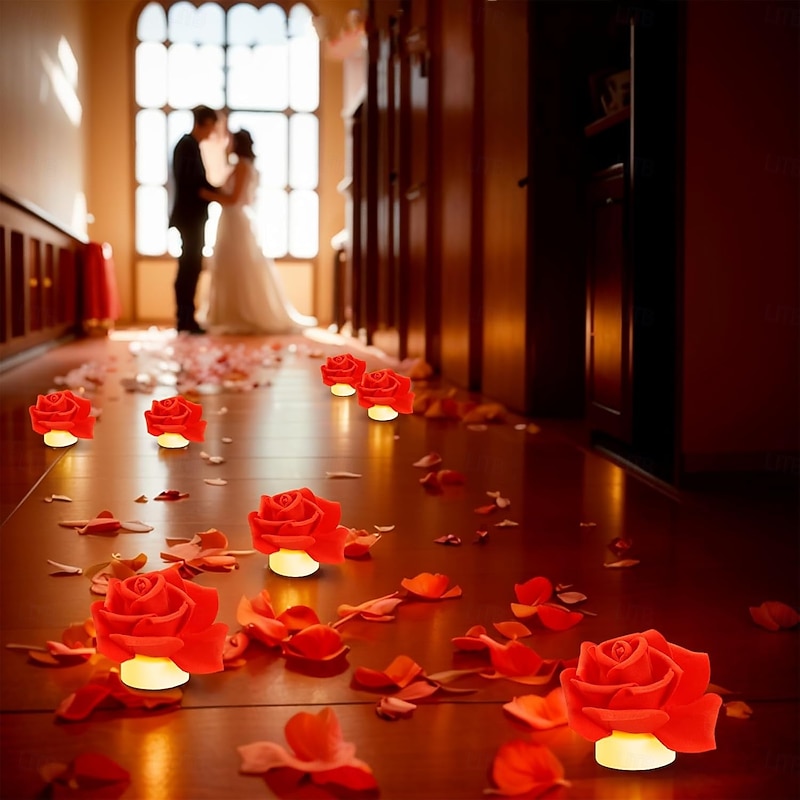 12pcs LED Tea Lights Candles Artificial Rose Petals Electric Candle Light Romantic Flameless Candle Battery Powered Christmas Valentine Wedding Birthday Party Scene Decoration