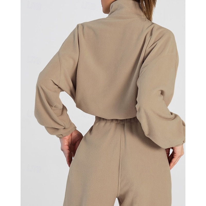 Comfry Fleece Women's Sweatshirt Pants Sets Outdoor Warm Long Sleeve Khaki Spring Fall2