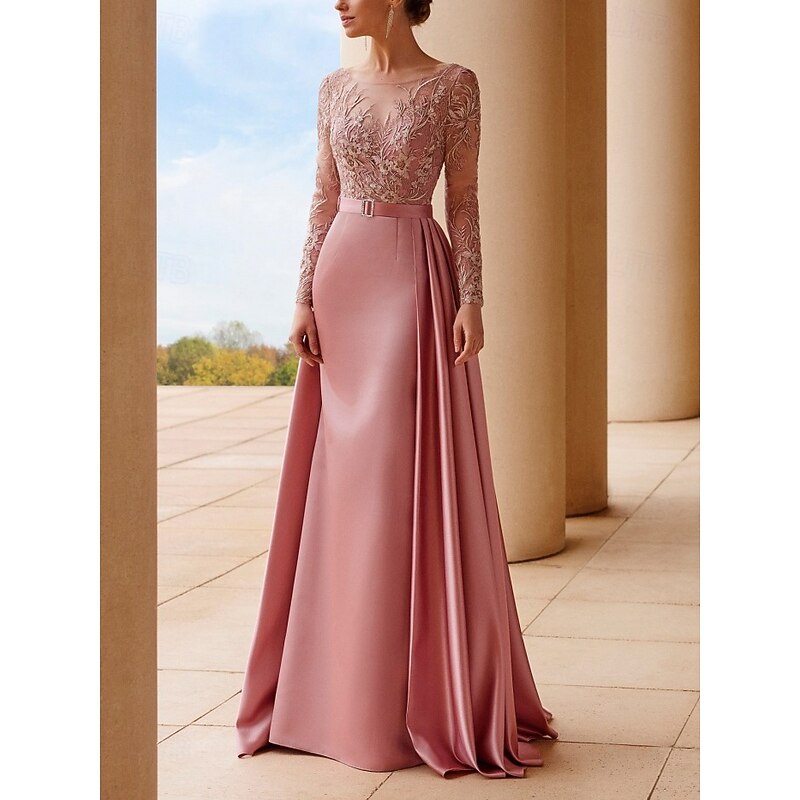 A-Line Mother of the Bride Dress Wedding Guest Elegant Scoop Neck Sweep / Brush Train Stretch Satin Long Sleeve with Lace Sash / Ribbon Ruching