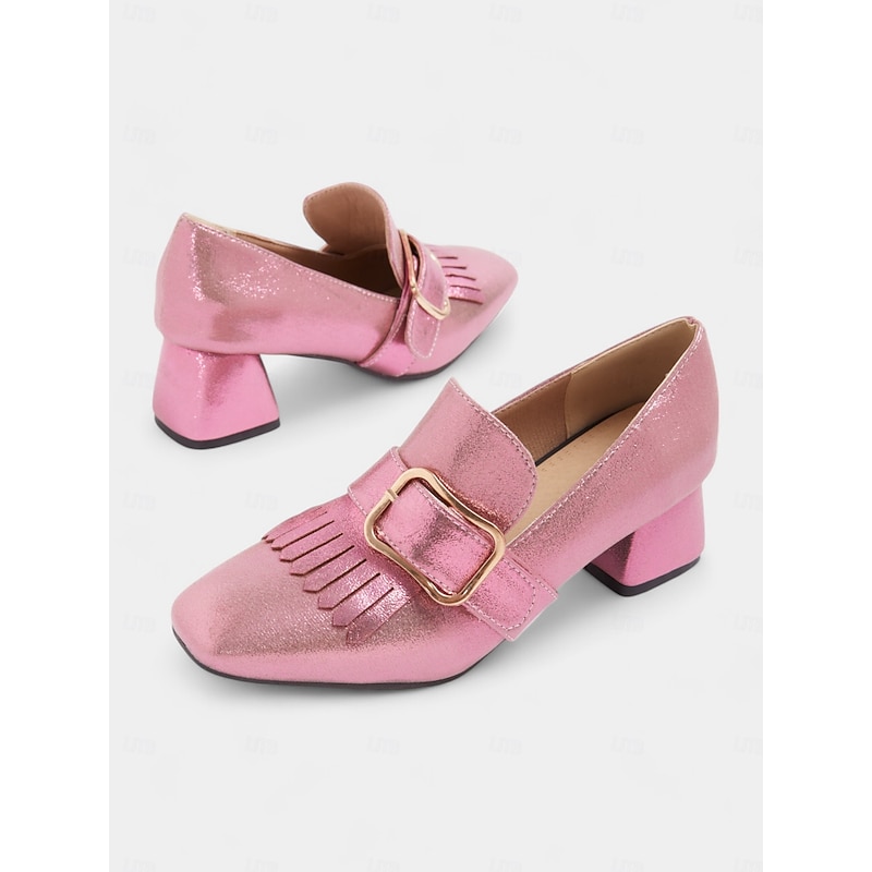 Women's Pink Metallic Block Heel Loafers with Fringe and Gold Buckle - Retro Vintage-Style Shoes for Parties and Special Occasions3