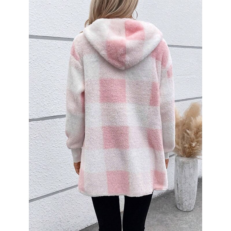 Women's Winter Coat Fleece Jacket Teddy Coat Warm Breathable Print Fleece Lined Casual Plaid Vacation Street Daily Wear Going out Open Front Regular Hoodie Regular Fit Long Sleeve Outerwear Pink Red2