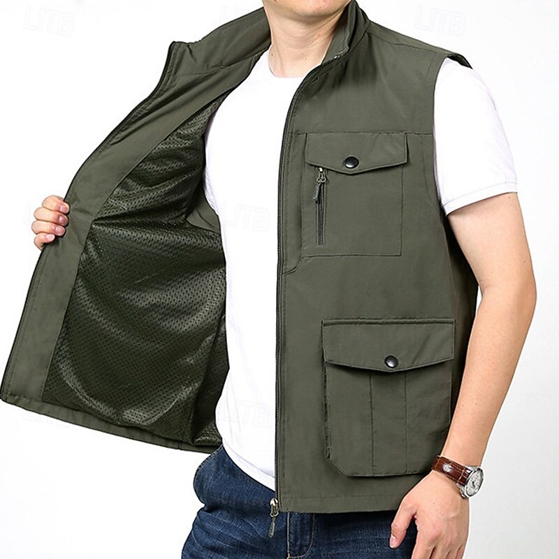 Men's Hiking Vest Hiking Fleece Vest Sleeveless Vest Outdoor Comfortable Breathable Pocket Polyester Black Army Green Khaki Hunting Fishing Climbing2