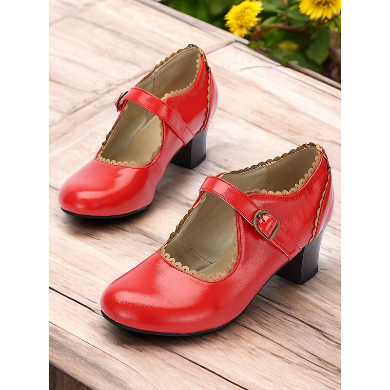 Women's Red Patent Faux Leather Mary Jane Block Heel Shoes with Scalloped Trim – Retro Style for Vintage-Inspired Looks and Special Occasions4