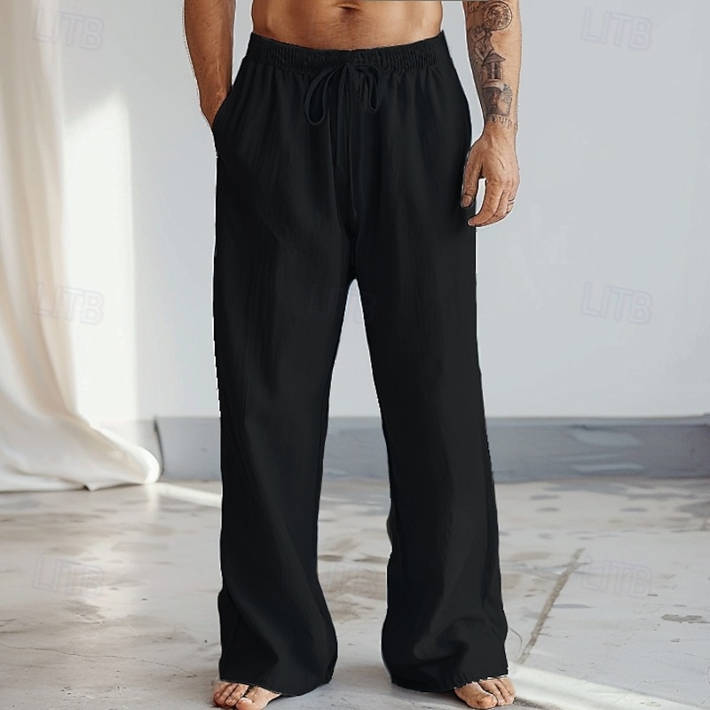 Men's Trousers Plain Full Length Casual Daily Cotton Linen Light Blue Micro-elastic