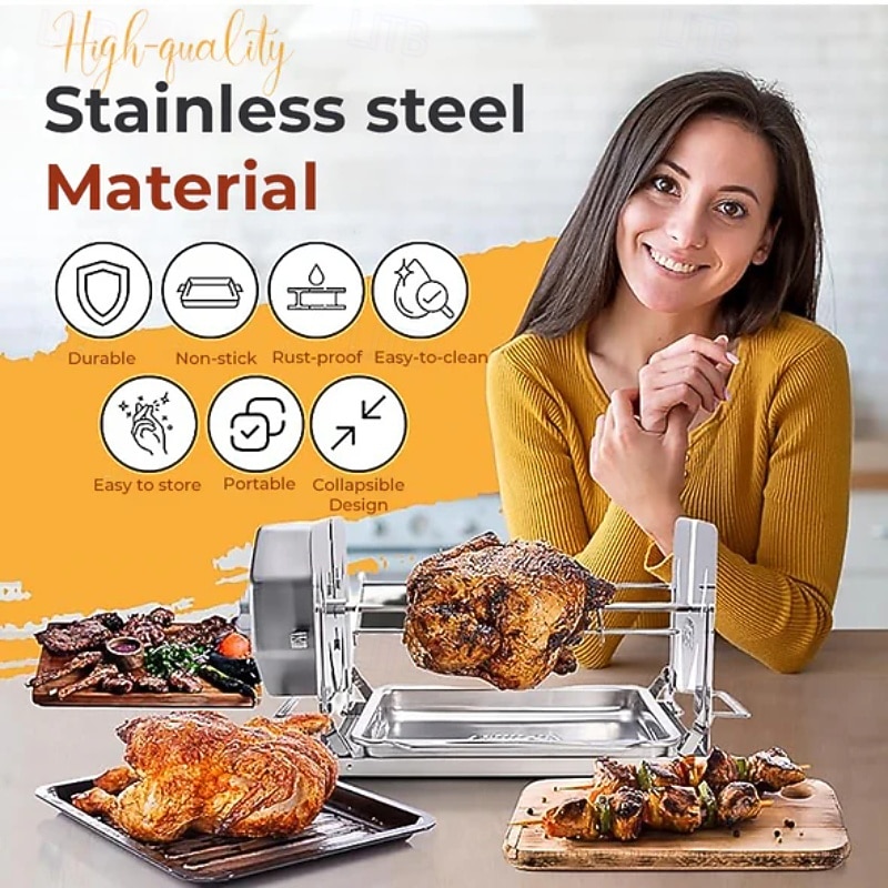 Stainless Steel Rotating Grill, 360-Degree Rotisserie for Even Cooking, Multifunctional Oven and Air Fryer Compatible, Easy to Clean BBQ and Party Essential3