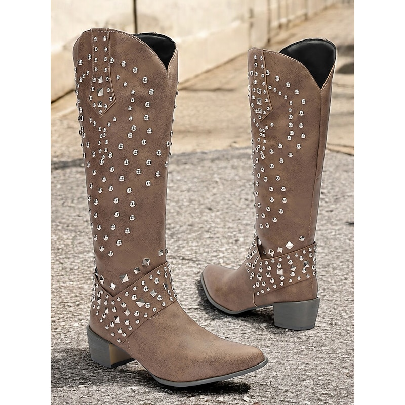 Women's Studded Western Cowboy Boots with Faux Leather – Vintage Knee-High Boots for Riding and Festivals2