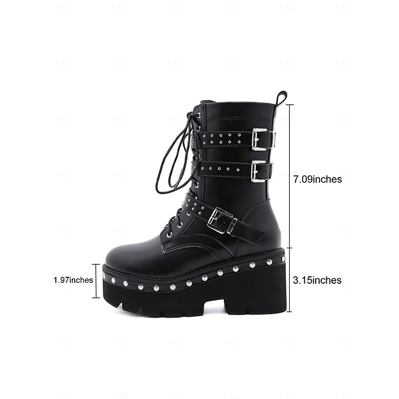 Women's Black Platform Combat Boots with Studded Buckle Straps, Punk Gothic Motorcycle Boots for Cosplay and Streetwear4