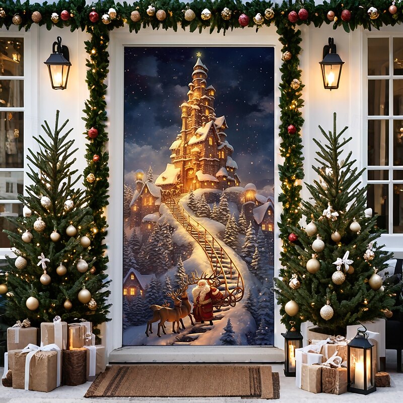 Christmas Door Decorations Door Covers Xmas Santa Castle Door Tapestry Door Curtain Decoration Backdrop Door Banner for Front Door Farmhouse Holiday Party Decor Supplies Indoor/Outdoor