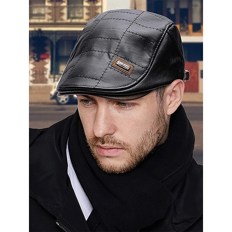 Men's Brown Faux Leather Flat Cap with Quilted Design – Classic Vintage Newsboy Hat for Casual and Outdoor Wear3