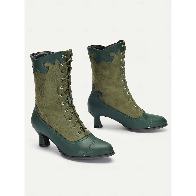 Women's Victorian Vintage Green Lace-Up Boots with Scalloped Trim and Brogue Detailing - Elegant High Heel Shoes for Cosplay, Steampunk, and Retro Outfits4