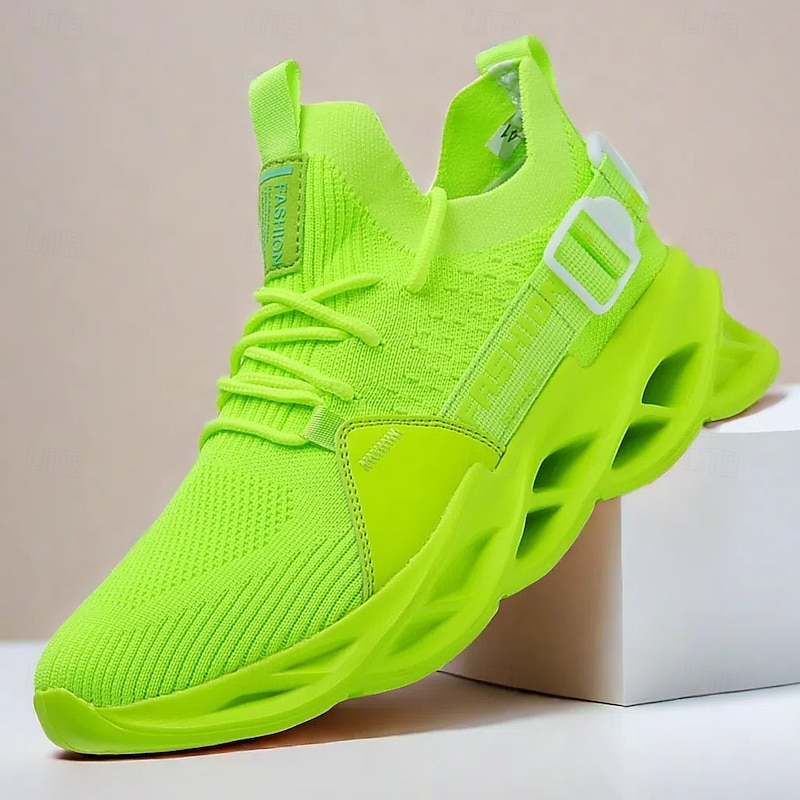 Men's Neon Green Flyknit Athletic Sneakers - Lightweight Breathable Running Shoes with Unique Sole Design