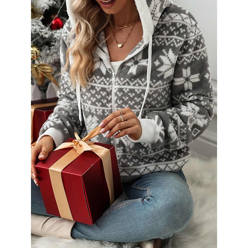 Women's Fleece Jacket Sherpa-Lined Hooded Full-Zip Winter Snowflake Print Grey and White Cozy Warm Casual Outerwear Multiple Sizes4