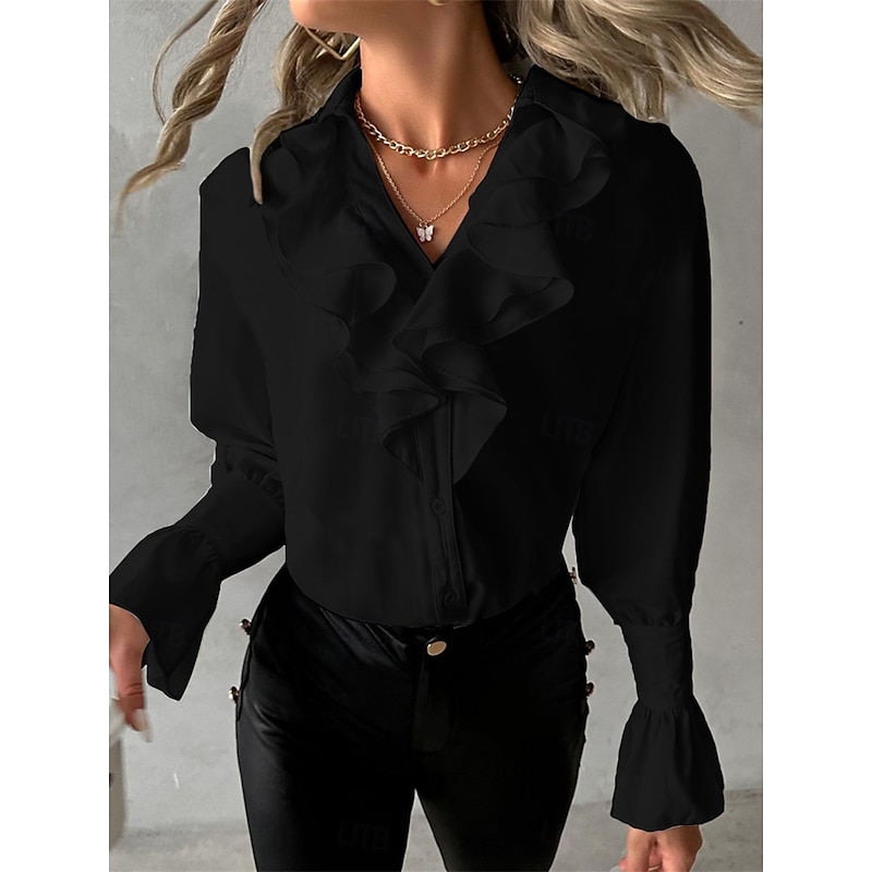 Women's Shirt Blouse Solid Color Elegant Business Casual Long Sleeve V Neck Regular Tops Work Daily Ruffle Black White Green Khaki Fall Winter4