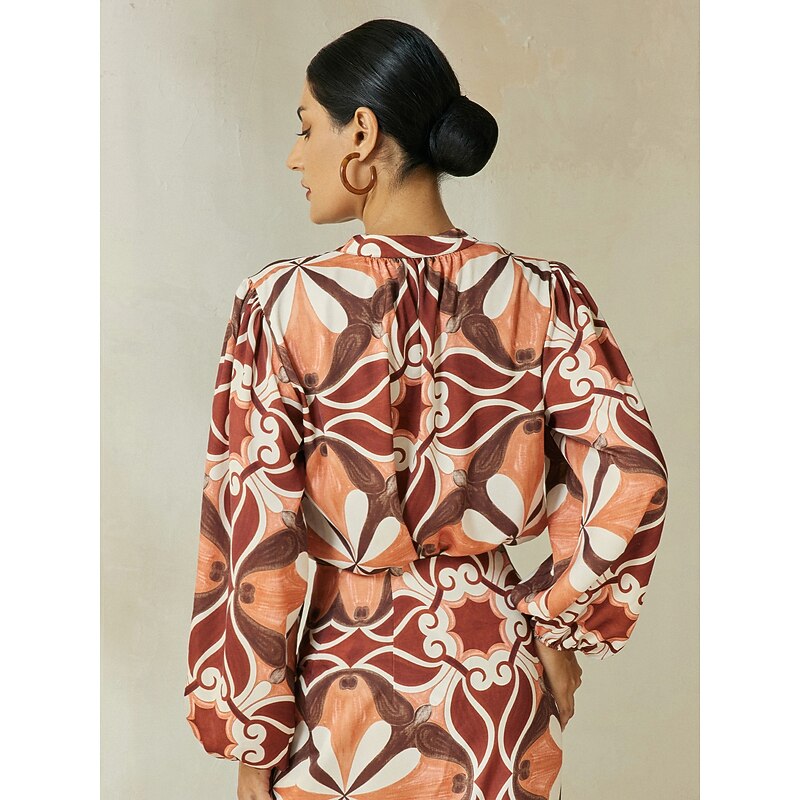 Satin Bohemia Split Neck Lantern Sleeve Blouse2