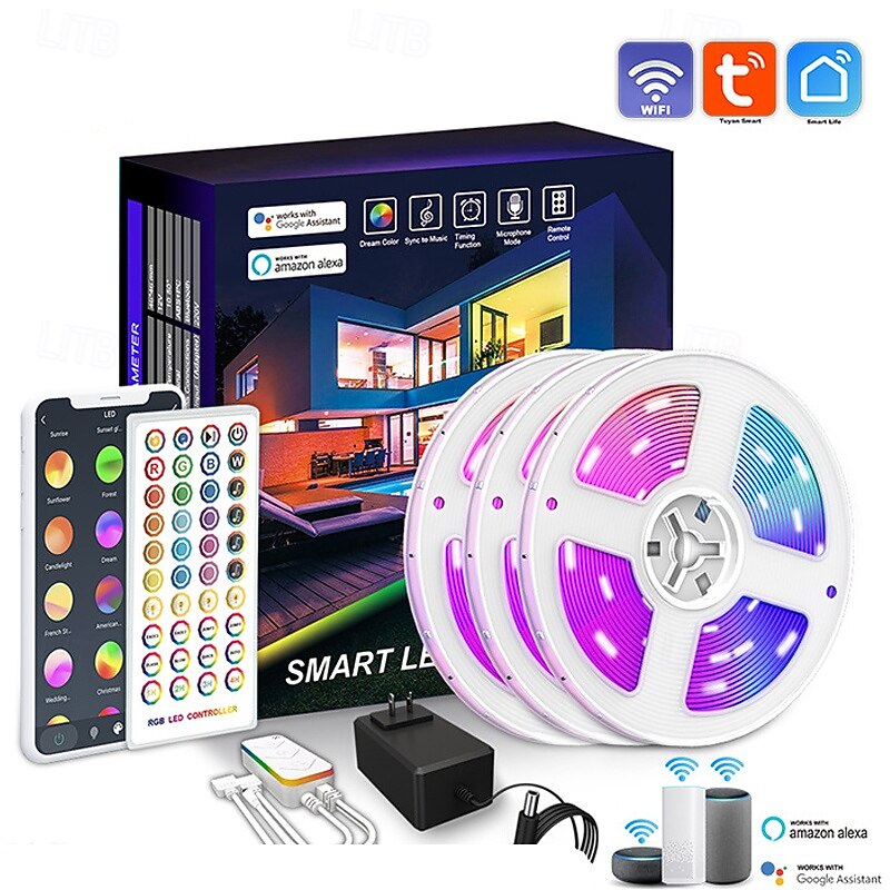 RGB Strip Lights Tuya Wifi Smart 5050 Bluetooth Voice Music Control 40 Key Remote APP Control Alexa for Living Room Bedroom Decoration 5M/10M/15M/20M