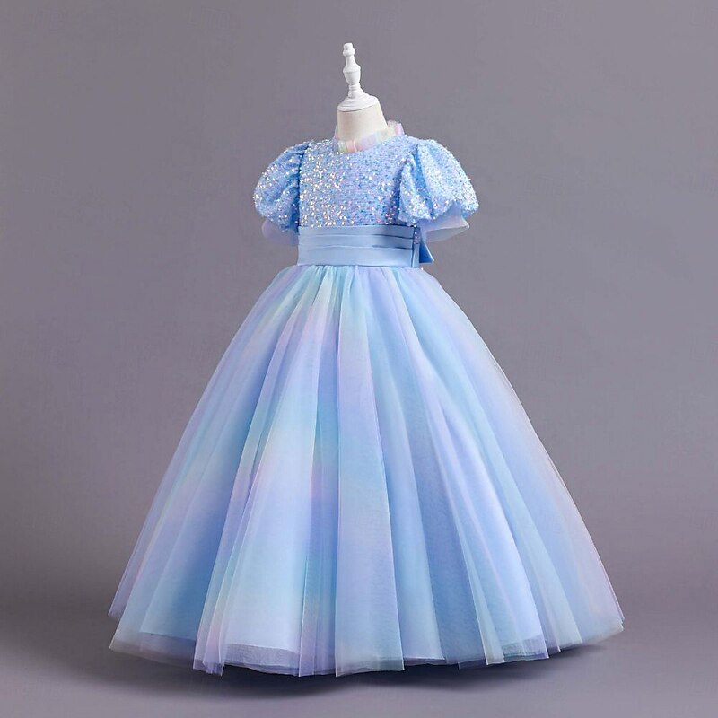 Kids Girls' Party Dress Solid Color Short Sleeve Special Occasion Princess Polyester Party Dress Summer Spring 2-12 Years 4 years+ Champagne Pink Blue3