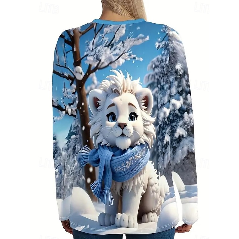 Women's T shirt Crew Neck Long Sleeve Tunic Pullover Winter Lion Cub Print Casual Tops Soft Comfortable Wear Daily Outings Blue White Gray Regular Fit2