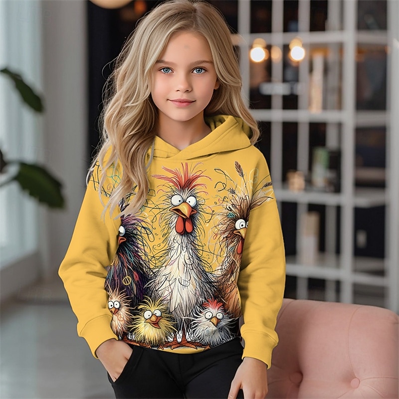 Girls' 3D Graphic Animal Chick Hoodie Long Sleeve Fall Winter Fashion Adorable Basic Kids 4-12 Years Hooded Outdoor Casual Daily Regular Fit3
