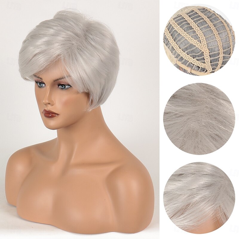 Synthetic Wig Straight Asymmetrical Wig Short Silver Synthetic Hair Women's Fashionable Design Soft Natural Silver2