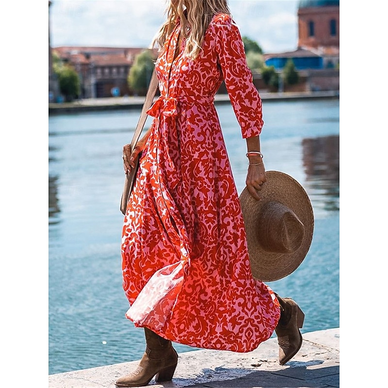 Women's Floral Print V Neck Long Dress Maxi Dress 3/4 Length Sleeve Spring Fall