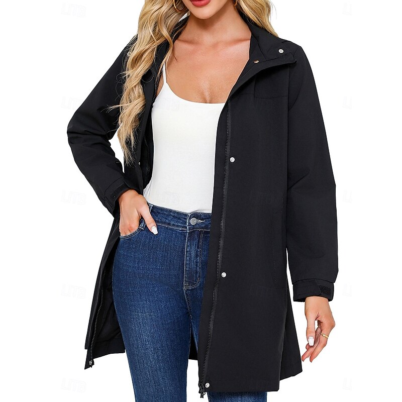Women's Casual Jacket Work Zipper Solid Color Windproof Fashion Loose Fit Outerwear Long Sleeve Fall Black S4