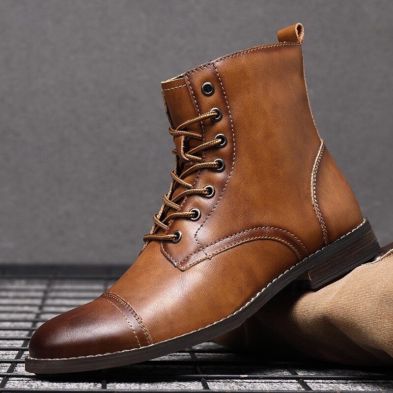Men's Tan Faux Leather Military Boots with Durable Lace-Up Design - Stylish Outdoor and Workwear Boots