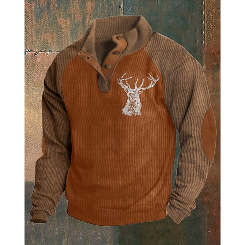 Men's Sweatshirt khaki&black Black Army Green Navy Blue Brown Standing Collar Color Block Reindeer Patchwork Sports & Outdoor Daily Holiday Polyester Corduroy Streetwear Basic Casual Spring &  Fall2