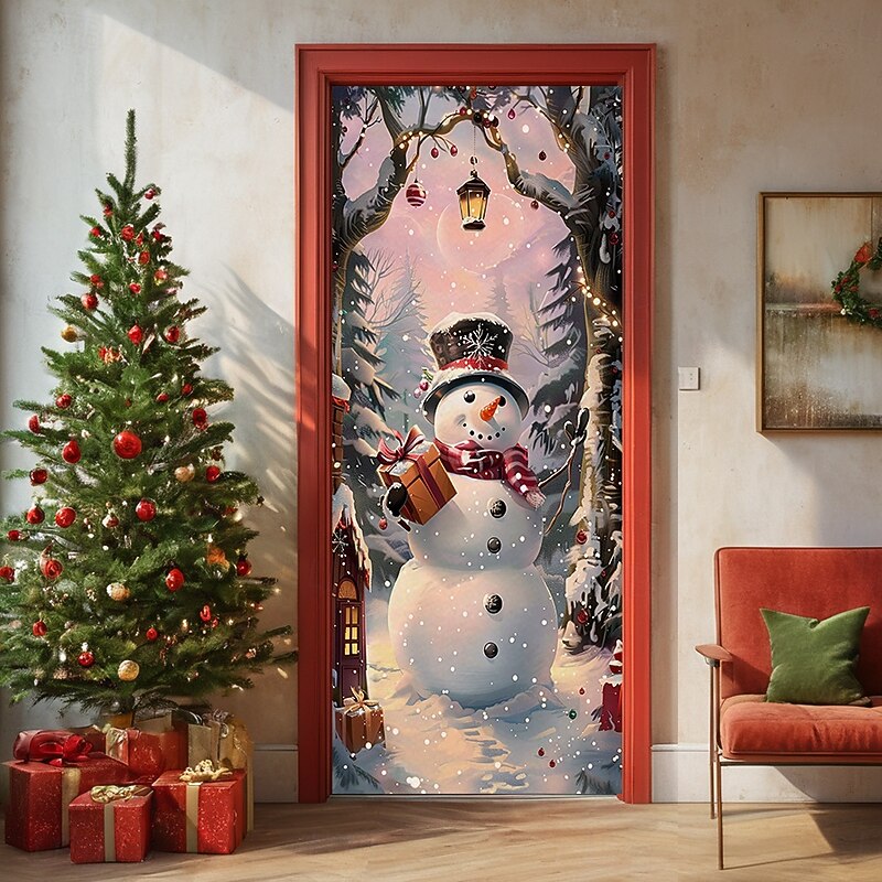 Christmas Door Decorations Door Covers Xmas Snowman Pink Door Tapestry Door Curtain Decoration Backdrop Door Banner for Front Door Farmhouse Holiday Party Decor Supplies Indoor/Outdoor4