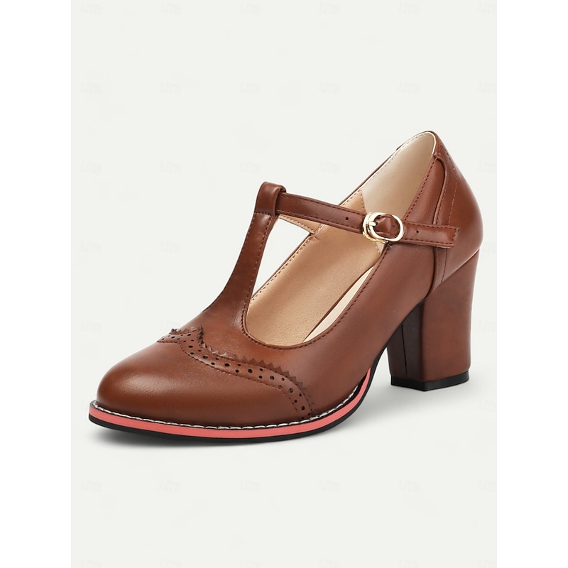 Women's Vintage Brown T-Strap Mary Jane Pumps with Brogue Detailing – Chunky Heels for Office, Retro Fashion, and Casual Events4