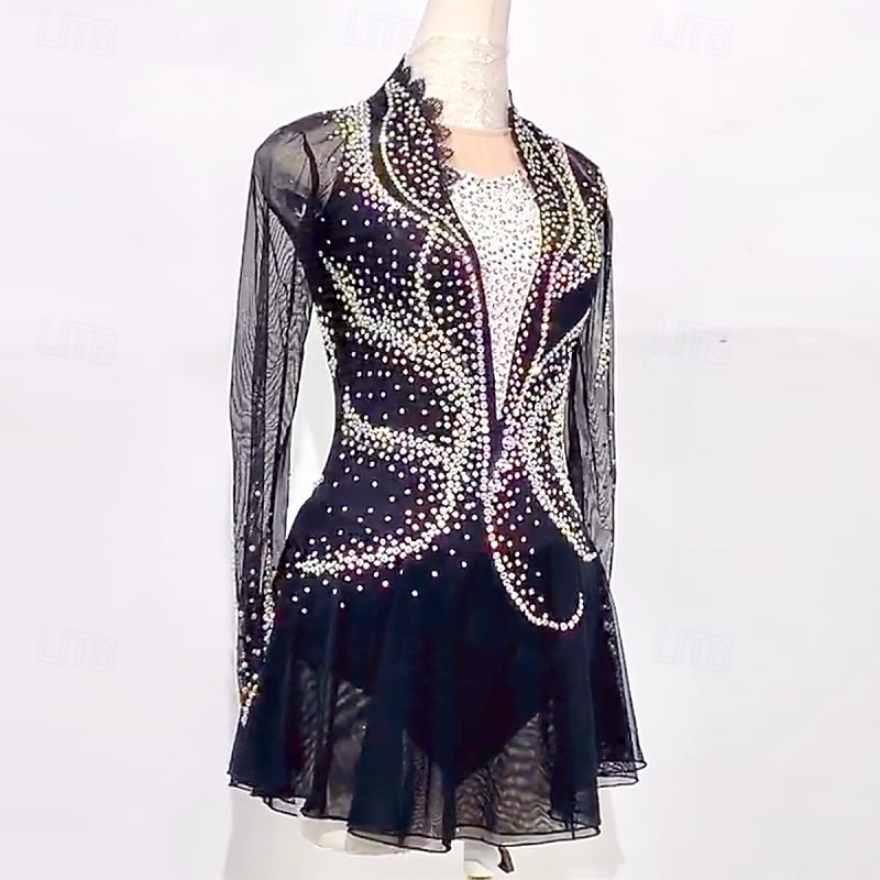 Figure Skating Dress Women's Girls' Ice Skating Dress Black Patchwork Mesh High Elasticity Training Competition Skating Wear Classic Crystal / Rhinestone Long Sleeve Ice Skating Figure Skating2