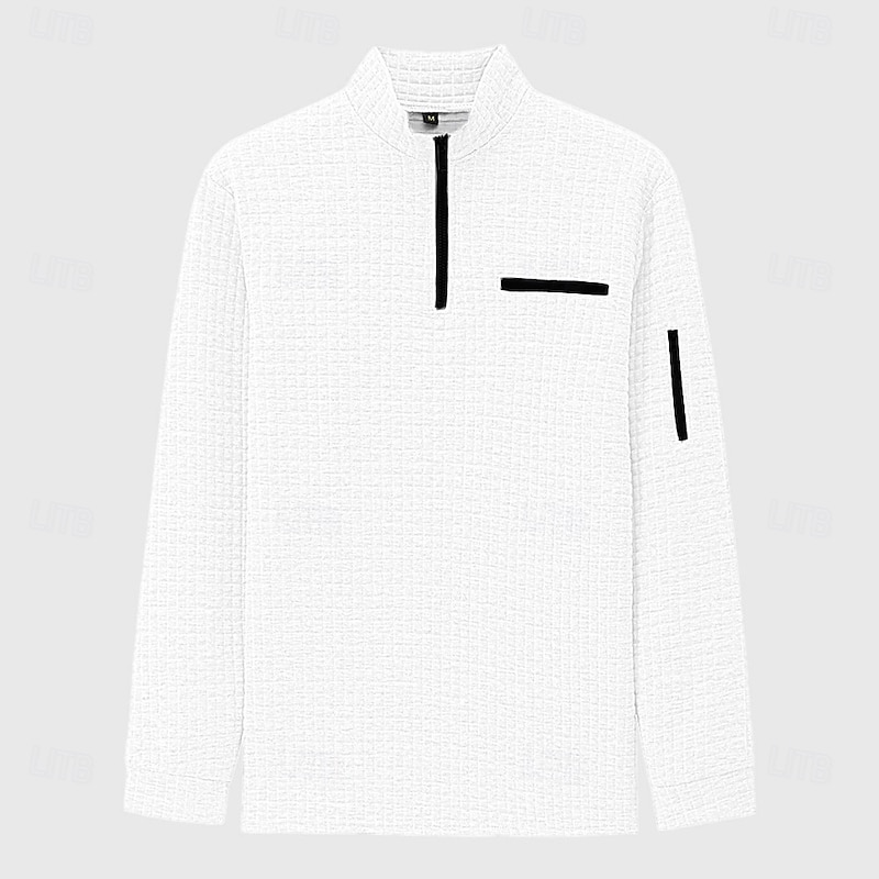 Men's Waffle Polo Shirts Pullover Sports & Outdoor Daily Wear Quarter Zip Long Sleeve Fashion Comfortable Color Block Zip Up Pocket Spring &  Fall Cross-Seasons Regular Fit Black White Navy Blue2