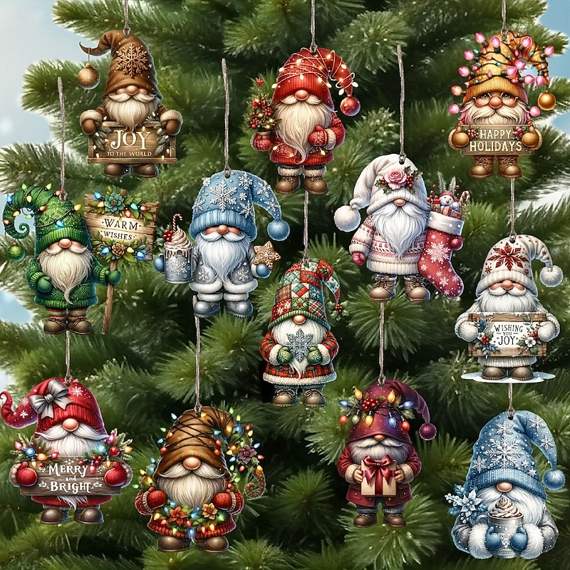 12pcs/set Wooden Dwarf Christmas Tree Ornaments, Gnome Hanging Decorations for Xmas Tree, Party Decor, Holiday Celebration Accessories